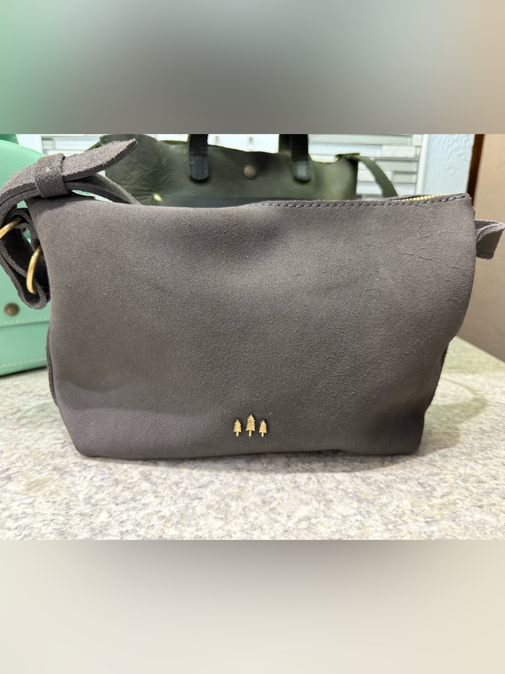 Portland Leather Grey Suede Small Slouchy Shoulder Bag with Gold Hardware